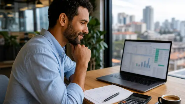 Profissional brasileiro pensativo diante de um notebook com planilhas e gráficos de salários, caderno com anotações e uma xícara de café em um coworking com vista para a cidade