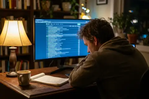 Foto editorial por cima do ombro de um mantenedor de open source cansado, à noite, diante de um monitor com uma lista enorme e desfocada de pull requests, luz quente de abajur e uma xícara de café sobre a mesa de madeira