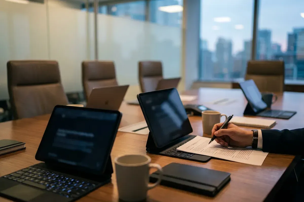 Uma mesa de sala de reuniões com tablets e notebooks de telas desfocadas e uma mão assinando um documento