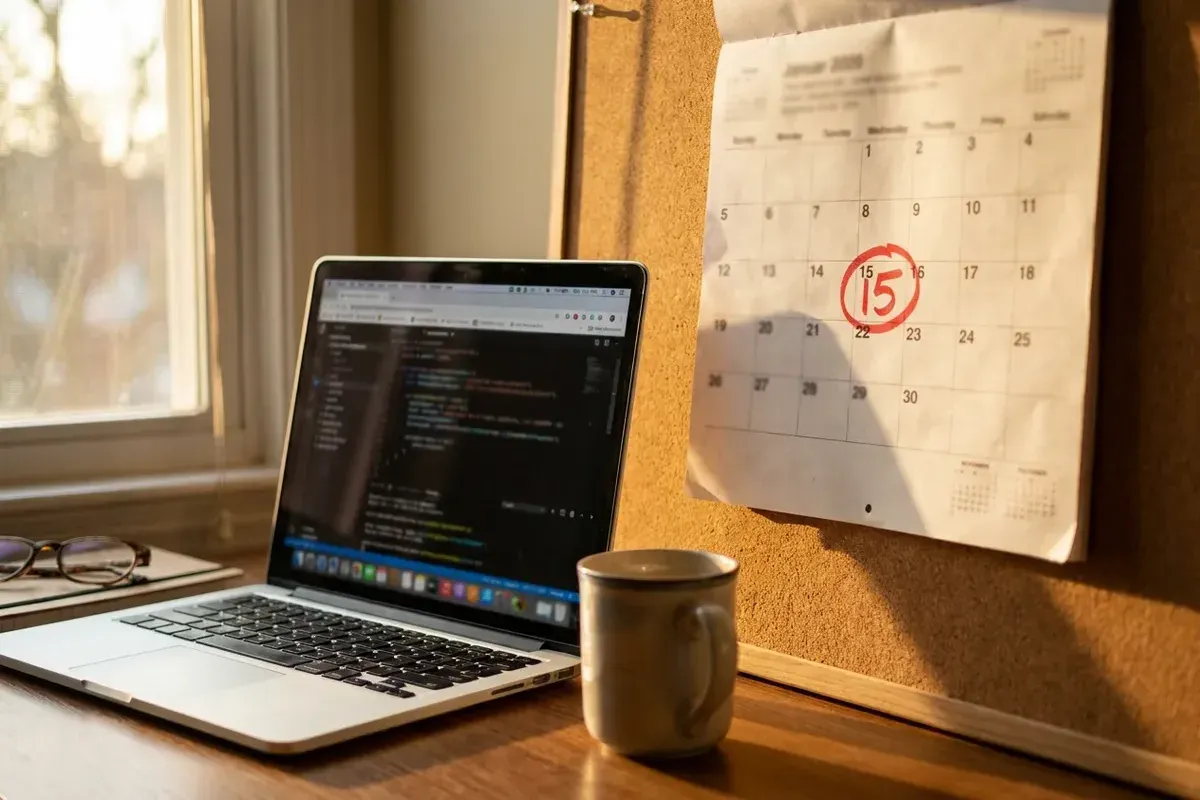 Um calendário de parede de papel com uma data circulada em marcador vermelho ao lado de um notebook e uma caneca de café