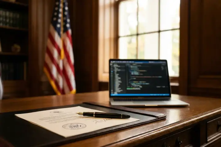 Foto editorial de um documento oficial assinado e uma caneta-tinteiro sobre uma mesa de madeira polida num escritório de estilo governamental, com uma bandeira americana e um notebook com editor de código desfocado ao fundo