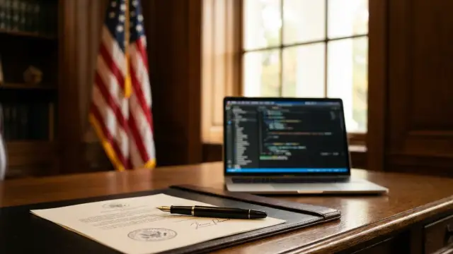 Foto editorial de um documento oficial assinado e uma caneta-tinteiro sobre uma mesa de madeira polida num escritório de estilo governamental, com uma bandeira americana e um notebook com editor de código desfocado ao fundo