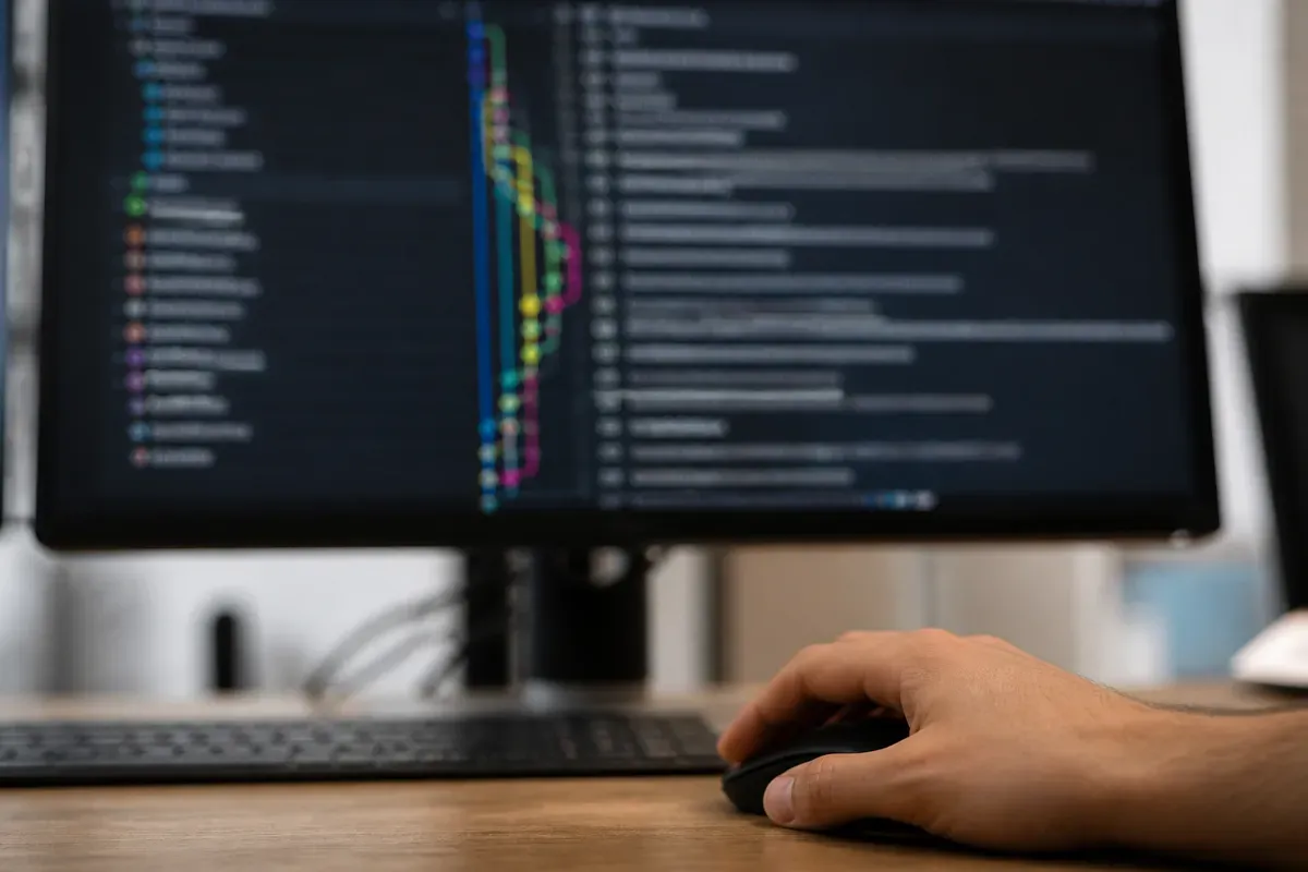 Close-up de um monitor mostrando um gráfico de commits do git desfocado com linhas de branch coloridas