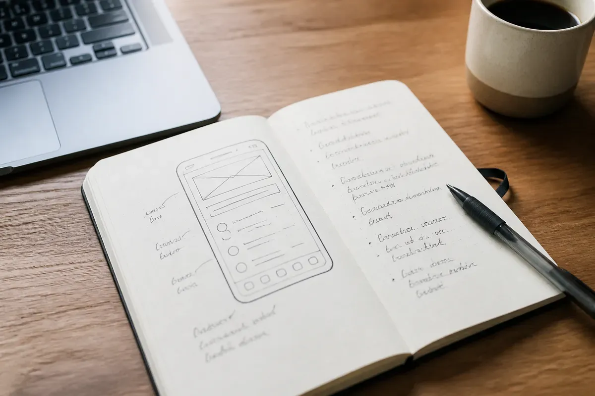 Um caderno aberto com um wireframe de app desenhado à mão e notas em tópicos ao lado de um notebook e uma xícara de café numa mesa