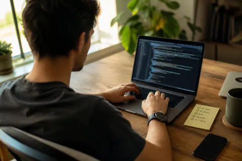 Foto editorial por cima do ombro de um jovem desenvolvedor numa mesa de madeira trabalhando num notebook com um editor de código desfocado na tela e um post-it de checklist ao lado do monitor, luz quente de janela pela manhã