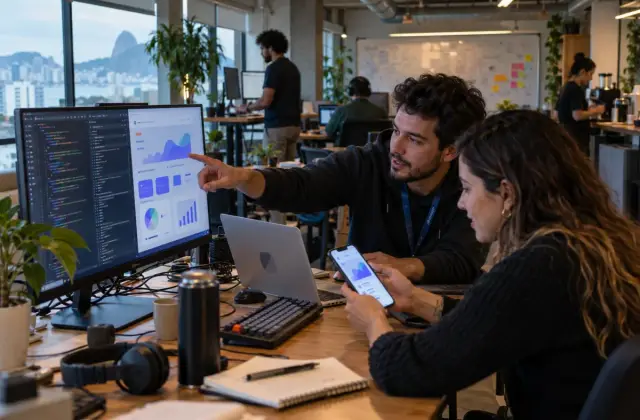 Foto documental de dois desenvolvedores em um escritório de startup, um deles apontando para um monitor com código e um painel de app no ar enquanto a colega confere o app no celular, com colegas trabalhando ao fundo e a vista do Rio de Janeiro pela janela