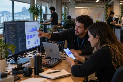 Foto documental de dois desenvolvedores em um escritório de startup, um deles apontando para um monitor com código e um painel de app no ar enquanto a colega confere o app no celular, com colegas trabalhando ao fundo e a vista do Rio de Janeiro pela janela