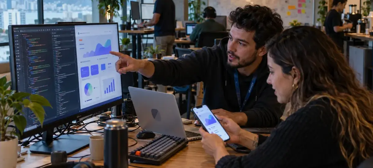 Foto documental de dois desenvolvedores em um escritório de startup, um deles apontando para um monitor com código e um painel de app no ar enquanto a colega confere o app no celular, com colegas trabalhando ao fundo e a vista do Rio de Janeiro pela janela
